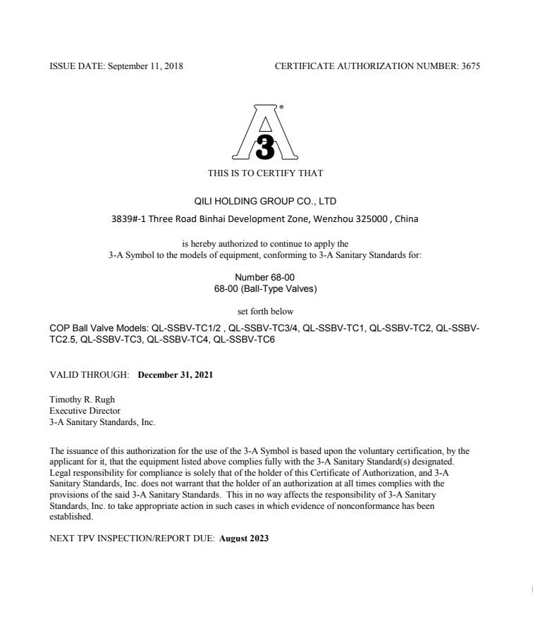 3A BALL-TYPE VALVES CERTIFICATE.