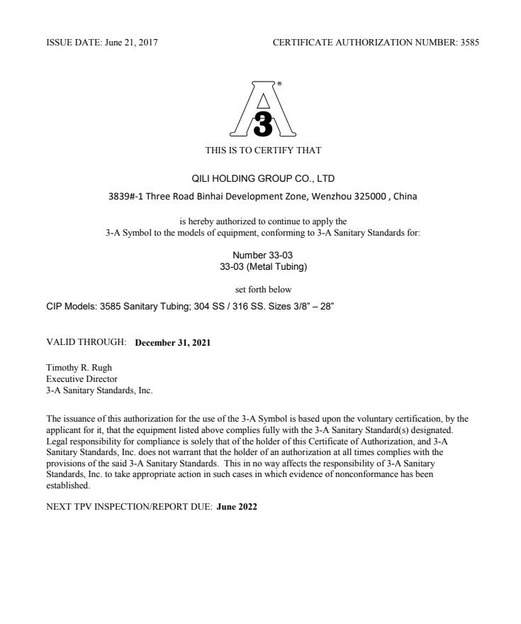 3A TUBING CERTIFICATE