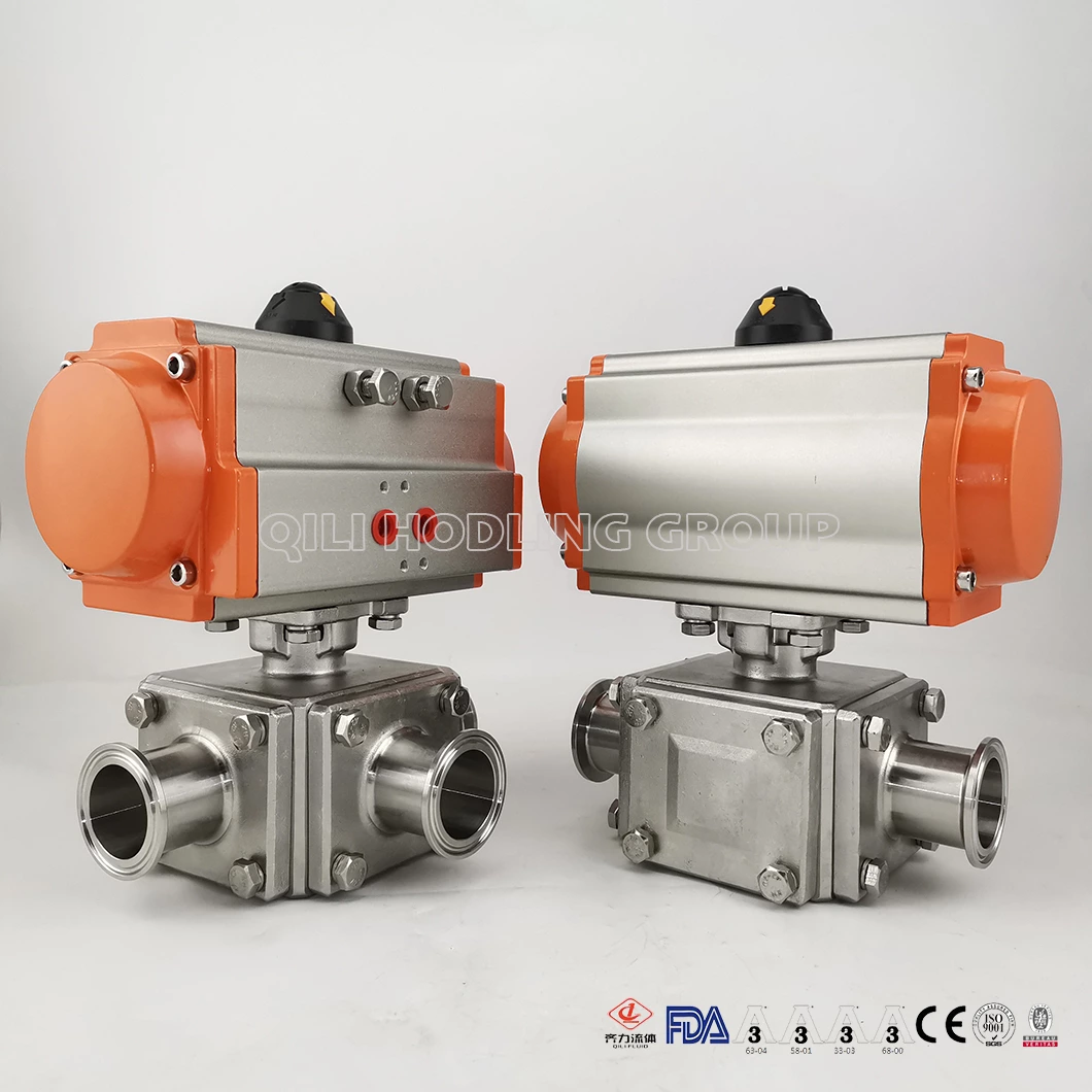 SS304 SS316L Food Grade 3 Way Pneumatic T Or L Type Ball Valves