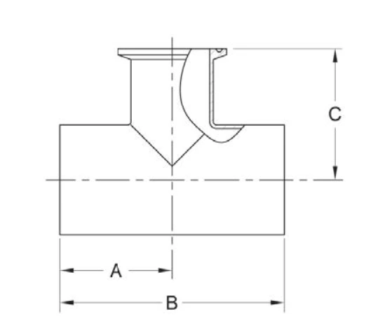 ASME BPE fittings S7RWWK REDUCING TEE TANGENT WELD ENDS X CLAMP END BRANCH