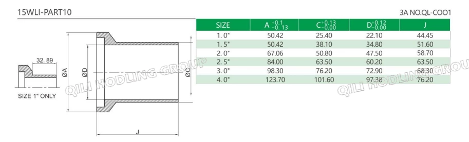 Sanitary Stainless Steel Female I Line Long Weld Ferrule 15WLI