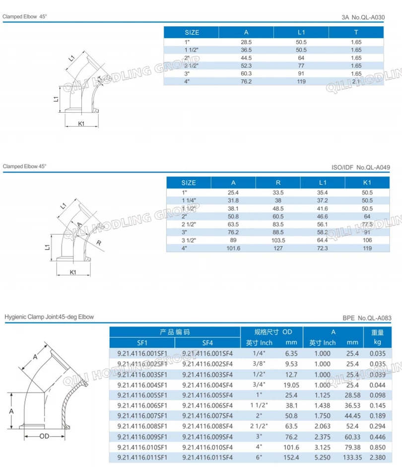 Sanitary Stainless Steel Clamp 45 Degree Bend