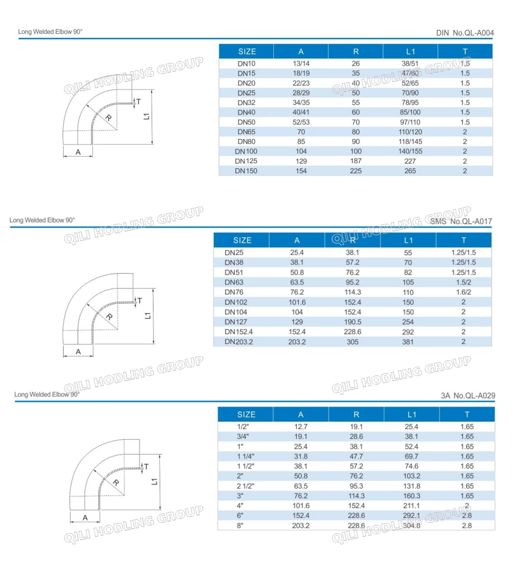 Sanitary Stainless Steel Polished 90° Weld Long Elbow with Tangent B2S