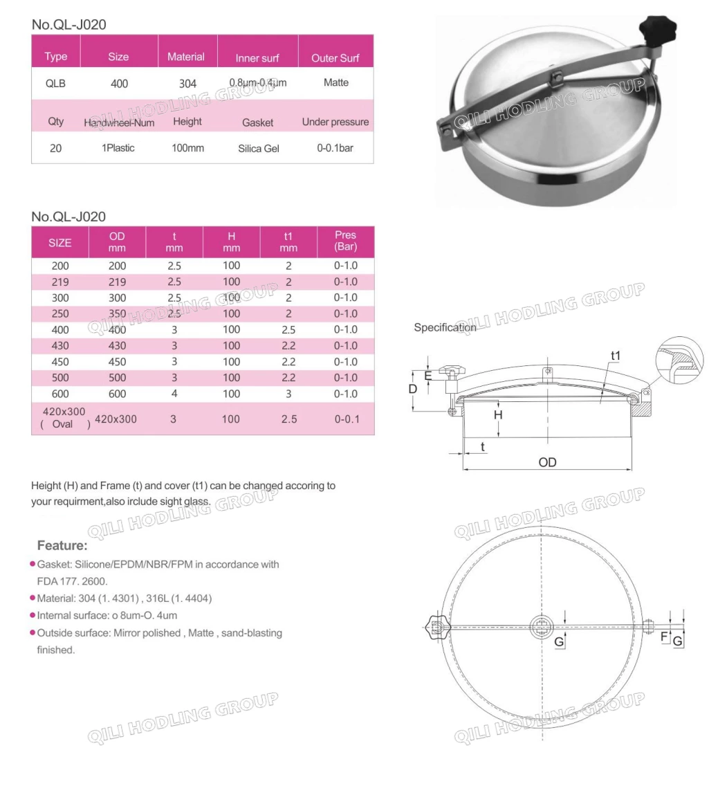 304 And 316L Stainless Steel Sanitary Manhole Cover