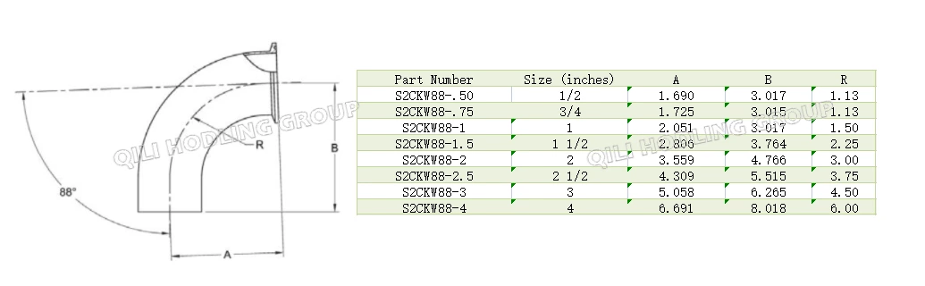 ASME BPE fittings S2CKW88 88 DEGREE ELBOW TANGENT WELD END X CLAMP