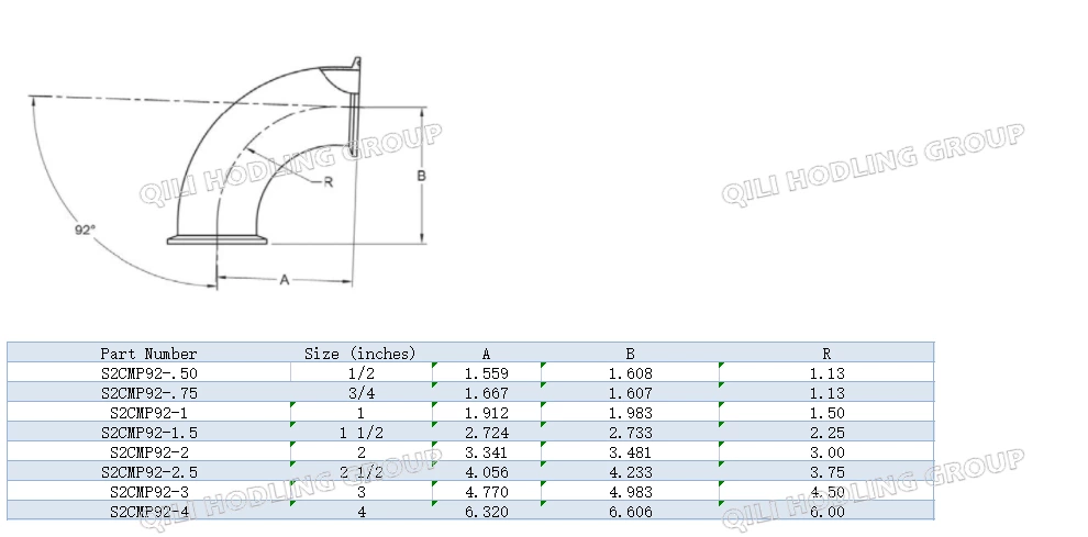 ASME BPE fittings S2CMP92 92 DEGREE ELBOW, CLAMP ENDS