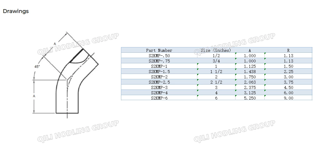 ASME BPE fittings S2KMP 45 DEGREE ELBOW, CLAMP ENDS
