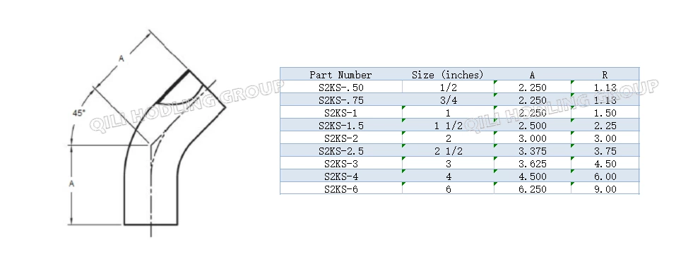 ASME BPE fittings S2KS 45 DEGREE ELBOW TANGENT WELD ENDS