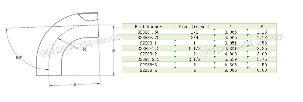 ASME BPE fittings S2S88 88 DEGREE ELBOW TANGENT WELD ENDS