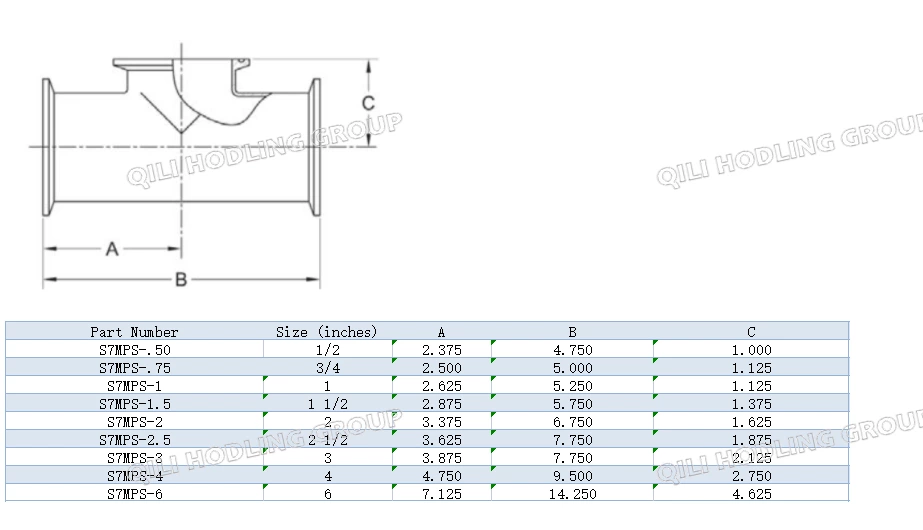 ASME BPE fittings S7MPS TEE, CLAMP ENDS X SHORT CLAMP OUTLET