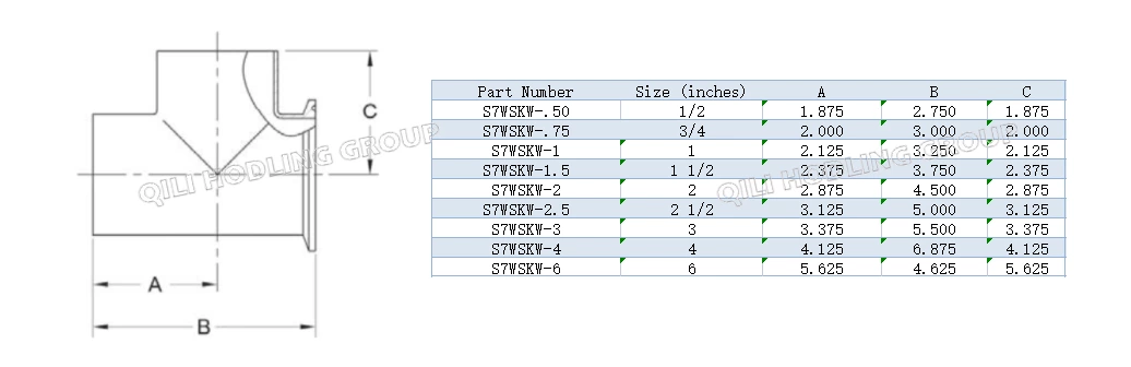 ASME BPE fittings S7WSKW TEE TANGENT WELD ENDS X CLAMP SHORT RUN