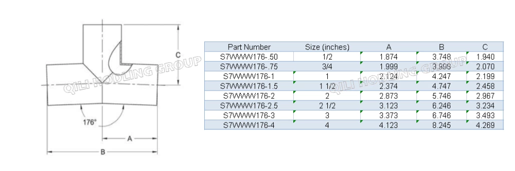 ASME BPE fittings S7WWW176 176 DEGREE TEE, TANGENT WELD ENDS