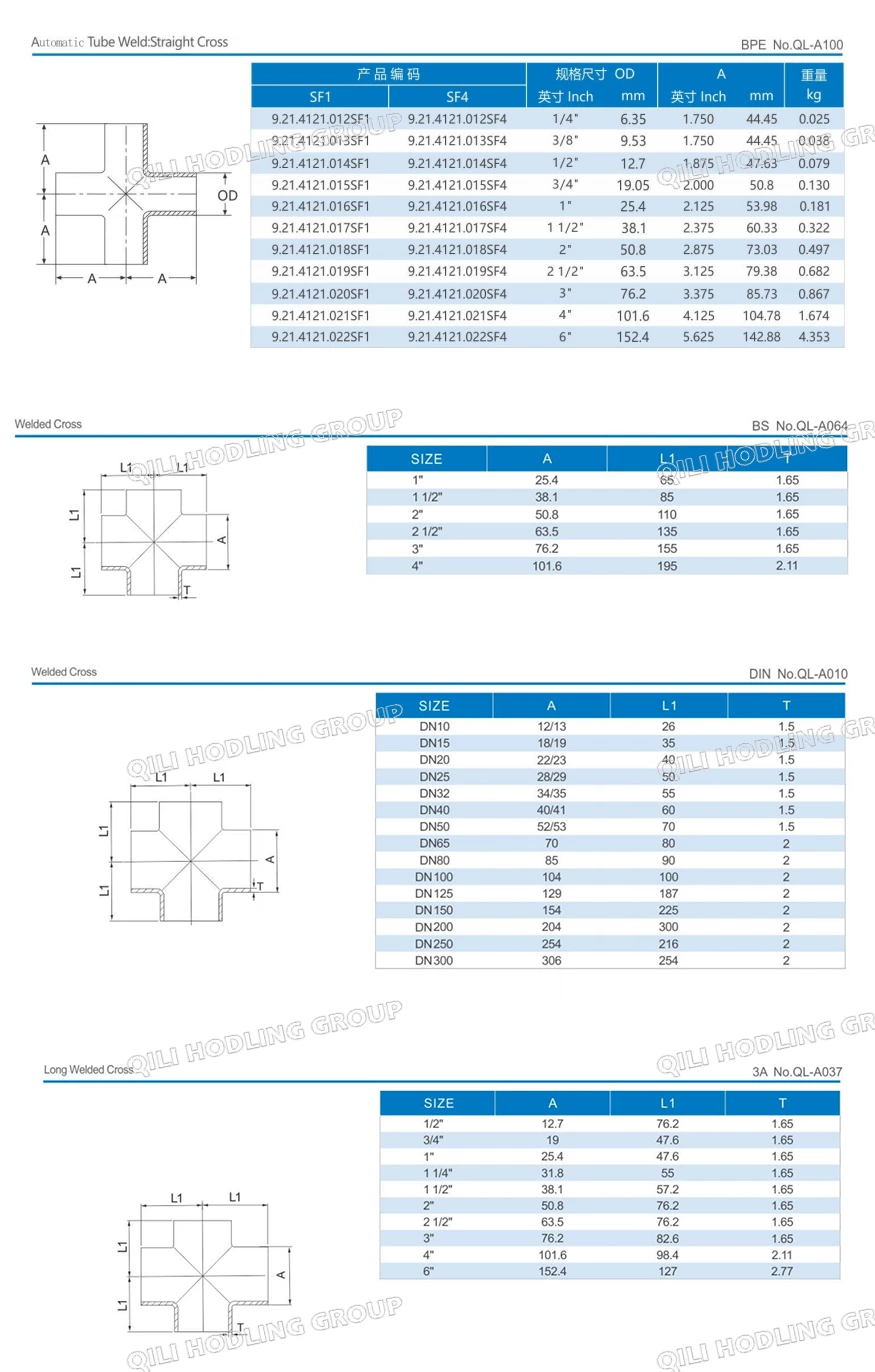 Sanitary Stainless Steel Polished Long Weld Cross