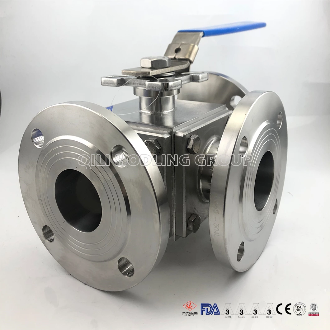 Sanitary Stainless Steel Three Way Clamped hygienic encapsulated Ball Valve Full Port, Flange End ISO5211-Direct Mount Pad