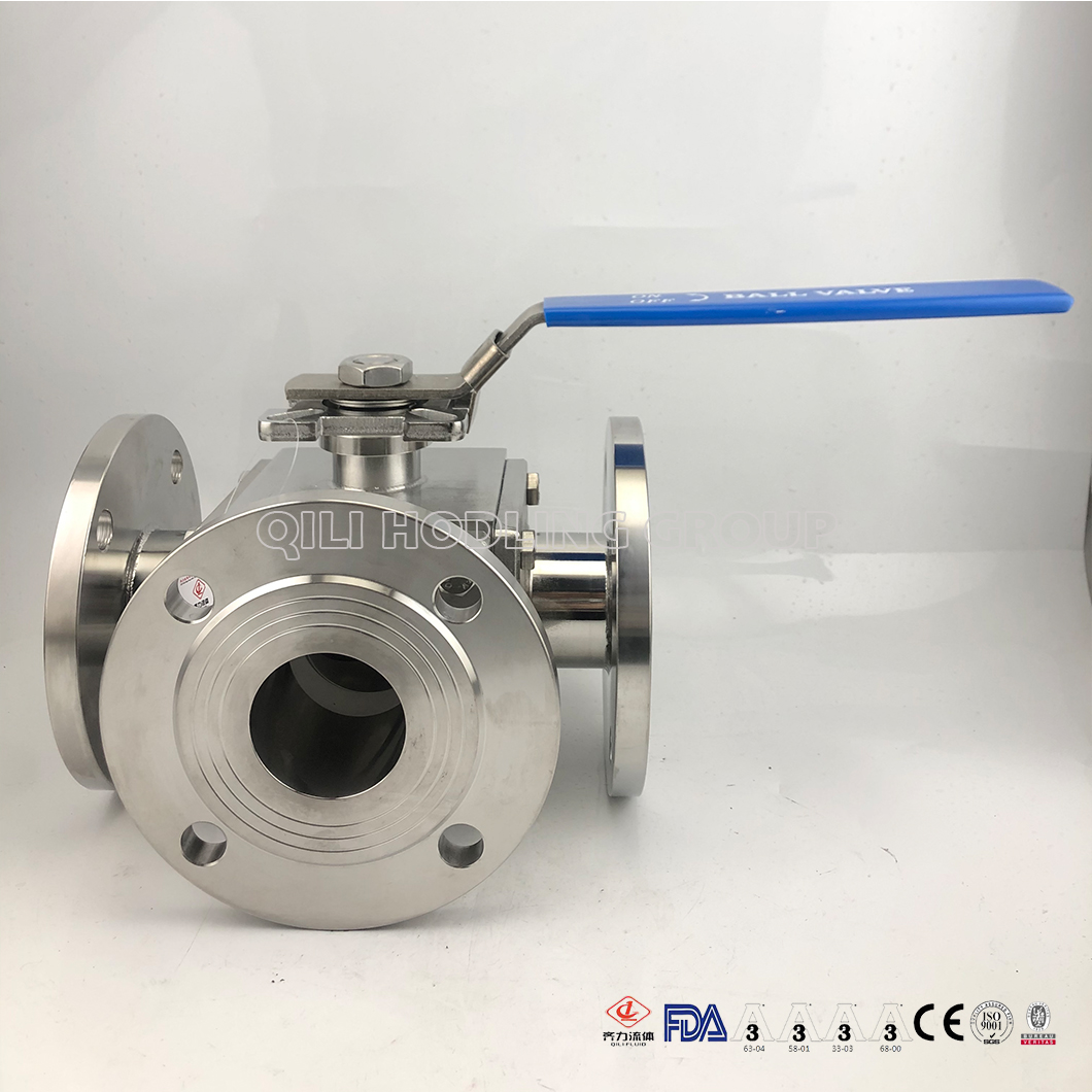 Sanitary Stainless Steel Three Way Clamped hygienic encapsulated Ball Valve Full Port, Flange End ISO5211-Direct Mount Pad