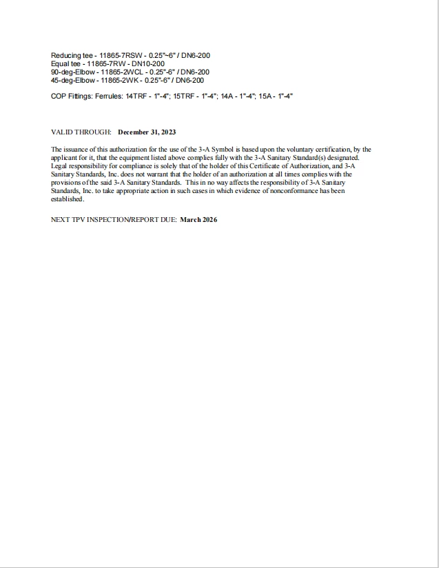 updated 3A certification for sanitary fittings