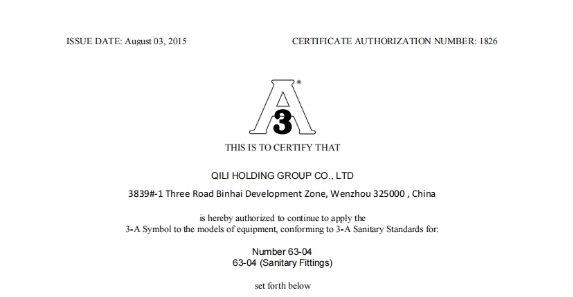 updated 3A certification for sanitary fittings