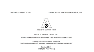 updated 3A certification for sanitary 3-way ball valves, butterfly ball valves, tank bottom valves, and low-platform ball valves.